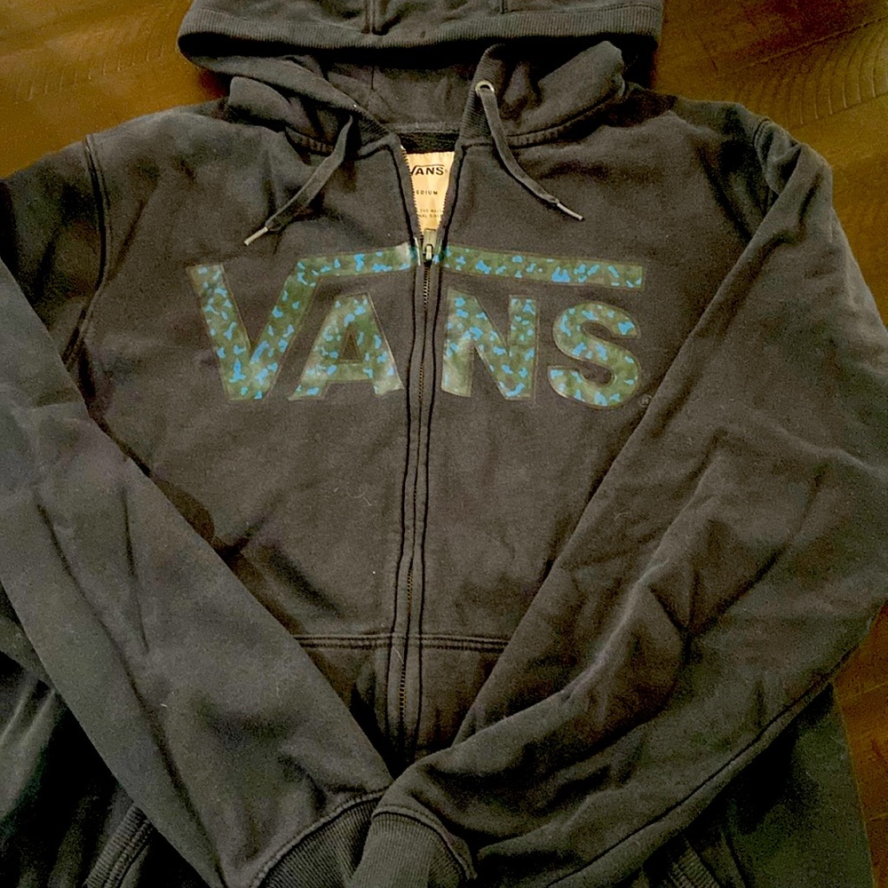Vans off the Wall Black  Full Zip Hoodie with Camo Blue, Green and Black Logo